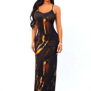 SHEIN Tie Dye Magma Fire Split Hem Sexy Cami Maxi Dress